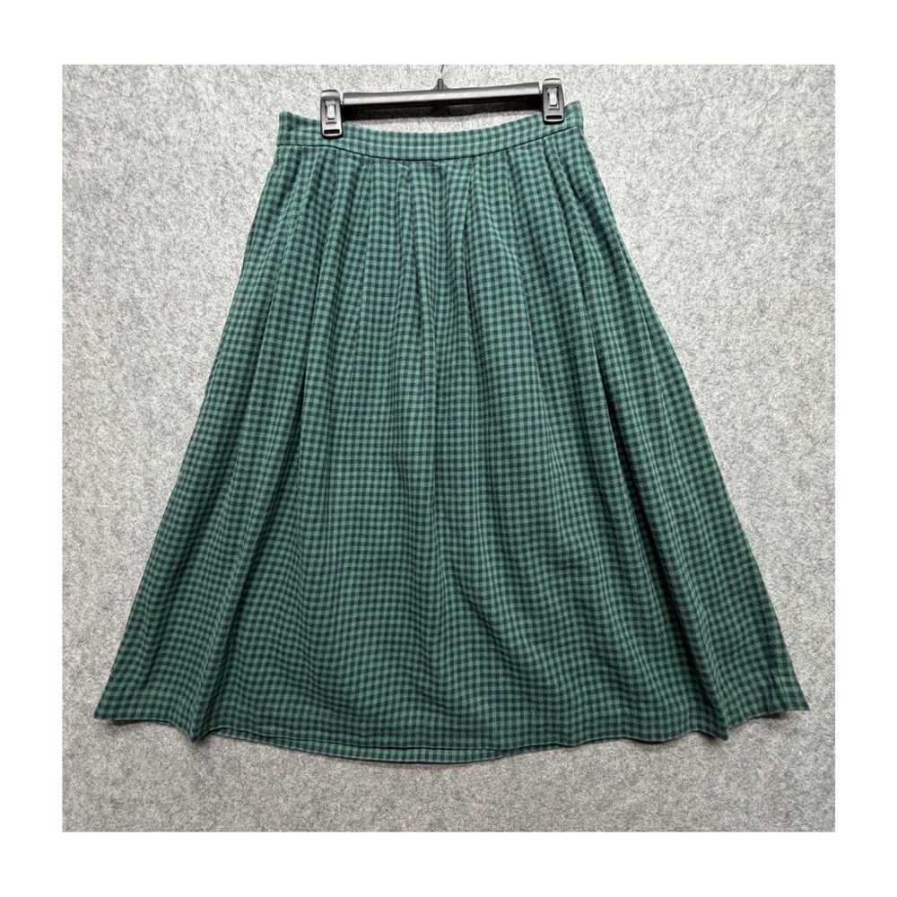 Orvis Vintage Green Gingham Pleated Midi Skirt A-Line Flannel Check Large